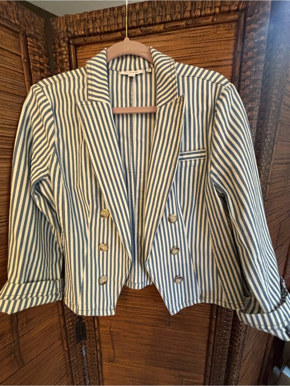 Striped Light Blue Cropped Double-Breasted Blazer - Picture 2 of 8